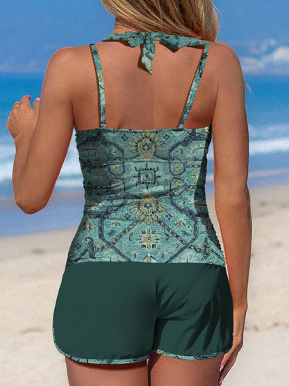 Mörkcyan symmetriskt mönstertryck med halterneck och lapptäcke, medellång midja, tankini-kort set 