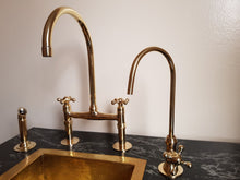 Load image into Gallery viewer, Unlacquered Brass Bridge Faucet , Brass sink faucet with solid brass kitchen hand sprayer &amp; cold faucet