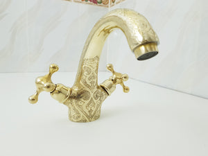 Solid brass engraved faucet; Bathroom faucet; two handles bathroom faucet