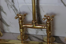 Load image into Gallery viewer, Unlacquered Brass Bridge Faucet With Linear Legs and Various Handles style  vintage Kitchen 8&quot; Brass Bridge
