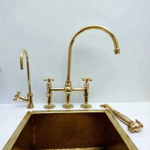 Unlacquered Brass Bridge Kitchen Faucet with Ball Center, 3 straight Legs, Sprayer and Cross Handle - 8” Spread