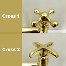 Load image into Gallery viewer, Unlacquered Brass Bridge Kitchen Faucet with Ball Center, 3 straight Legs, Sprayer and Cross Handle - 8” Spread