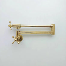 Load image into Gallery viewer, Unlacquered Brass Pot Filler with Cross Handle, Kitchen Pot Filler, Wall Mount Antique Pot Filler, Pasta Faucet, Double Joint Swing Arms