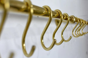Unlacquered Brass Pot and Pan shelf Rack organizer, Wall Mounted Brass Kitchen Rail with Hooks