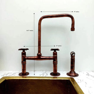 Solid Copper Bridge Faucet, Copper Kitchen Faucet, Kitchen Sink Faucet with Dual Cross Handles, and with Water Sprayer