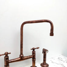 Load image into Gallery viewer, Solid Copper Bridge Faucet, Copper Kitchen Faucet, Kitchen Sink Faucet with Dual Lever Handles, and with Water Sprayer