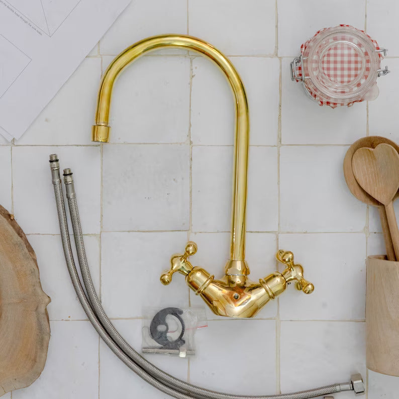 Gooseneck Bathroom Vanity Solid Brass Faucet, Unlacquered Brass with Cross Handles & Aerator