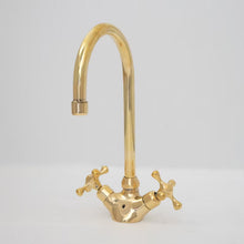 Load image into Gallery viewer, Gooseneck Bathroom Vanity Solid Brass Faucet, Unlacquered Brass with Cross Handles &amp; Aerator