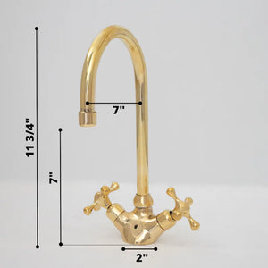 Gooseneck Bathroom Vanity Solid Brass Faucet, Unlacquered Brass with Cross Handles & Aerator