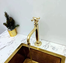 Load image into Gallery viewer, Low Arc, Unlacquered Brass Vanity Faucet, Cross Handle
