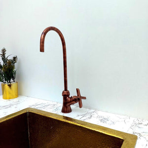 Low Arc Copper Vanity Faucet, Flat Cross Handle