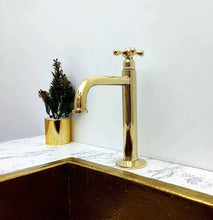 Load image into Gallery viewer, Low Arc, Unlacquered Brass Vanity Faucet, Cross Handle
