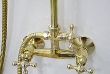 Load image into Gallery viewer, Unlacquered Brass Shower System with Handheld And Vintage Head Combo, Exposed Pipe, hight pressure brass hose