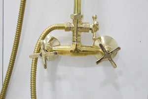 Unlacquered Brass Shower System with Handheld And Vintage Head Combo, Exposed Pipe, hight pressure brass hose