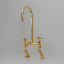 Load image into Gallery viewer, Unlacquered Brass Bridge Kitchen Faucet, Curved Legs, Cross Handles