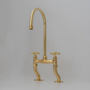 Unlacquered Brass Bridge Kitchen Faucet, Curved Legs, Cross Handles