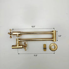 Load image into Gallery viewer, Unlacquered Brass Pot Filler with Cross Handle, Kitchen Pot Filler, Wall Mount Antique Pot Filler, Pasta Faucet, Double Joint Swing Arms