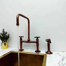 Load image into Gallery viewer, Solid Copper Bridge Faucet, Copper Kitchen Faucet, Kitchen Sink Faucet with Dual Lever Handles, and with Water Sprayer