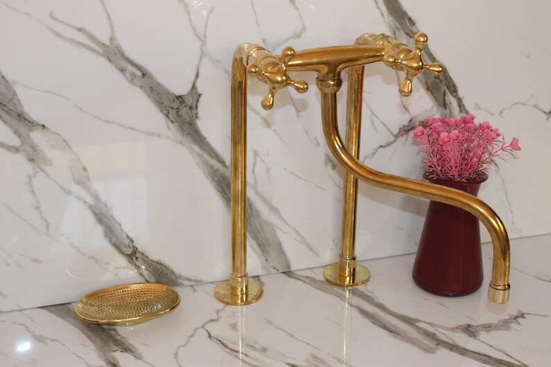 Unlacquered Brass Antique Kitchen Faucet with simple cross handles for modern kitchen vintage style