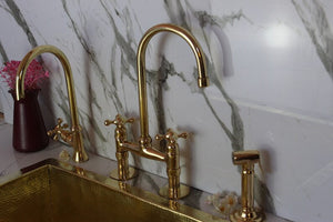 Unlacquered Brass Bridge Faucet With Linear Legs and Various Handles style  vintage Kitchen 8" Brass Bridge