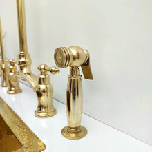 Load image into Gallery viewer, Unlacquered Brass Bridge Kitchen Faucet With Sprayer, Cold Water Tap, and Lever Handles
