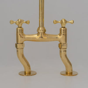 Unlacquered Brass Bridge Kitchen Faucet, Curved Legs, Cross Handles