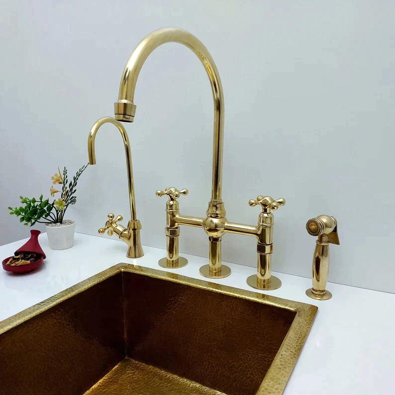 Unlacquered Brass Bridge Kitchen Faucet with Ball Center, 3 straight Legs, Sprayer and Cross Handle - 8” Spread