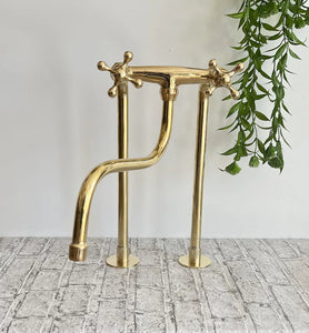 Unlacquered Brass Faucet Kitchen, Handcrafted Bridge Faucet with Straight legs & Various Handles Style - Kitchen Faucets