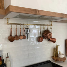 Load image into Gallery viewer, Unlacquered Brass Pot Rail with &quot;S&#39; hooks, Antique Style Unlacquered Brass Pot Rack Vintage Handmade Gold Brass Pot Rack Rustic Wall Mounted