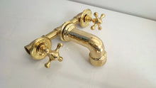 Load image into Gallery viewer, Unlacquered Brass Vintage Wall mounted bathroom faucet with gold finish &amp; traditional handles