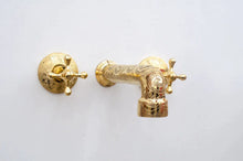 Load image into Gallery viewer, Unlacquered Brass Wall Mounted Faucet , Engraved Antique Brass Sink Faucet with rough in valve