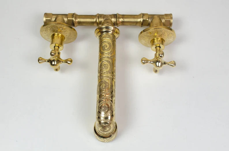 Unlacquered Brass Wall Mounted Faucet , Engraved Antique Brass Sink Faucet with rough in valve