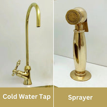 Load image into Gallery viewer, Unlacquered Brass Bridge Kitchen Faucet With Sprayer, Cold Water Tap, and Lever Handles