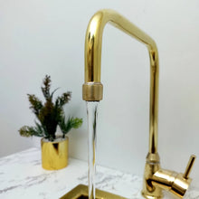 Load image into Gallery viewer, Unlacquered Solid Brass Faucet, Kitchen Sink Bridge Faucet, L Shaped Faucet, with Single Handle and side Sprayer