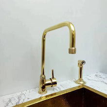 Load image into Gallery viewer, Unlacquered Solid Brass Faucet, Kitchen Sink Bridge Faucet, L Shaped Faucet, with Single Handle and side Sprayer