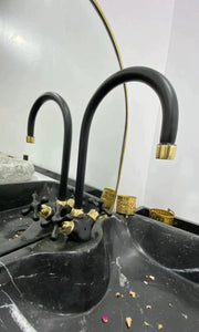 Gooseneck Bathroom Solid , Unlacquered Black Brass and gold Faucet with Simple Cross Handles, Vintage vanity