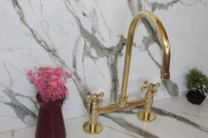 Unlacquered solid brass 8" Brass Bridge faucet, Simple cross handles with Straight Legs,Solid Brass Bridge Kitchen Faucet With Cross Handles