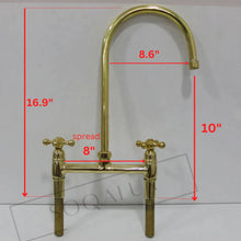 Load image into Gallery viewer, Unlacquered solid brass 8&quot; Brass Bridge faucet, Simple cross handles with Straight Legs,Solid Brass Bridge Kitchen Faucet With Cross Handles