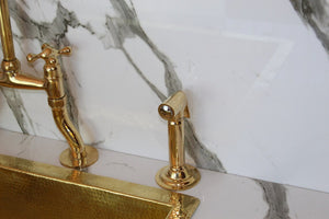 Unlacquered Brass Bridge Kitchen Faucet, Curved Legs,Unlacquered solid brass 8" Curved Brass Bridge faucet, Simple cross handles