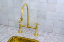 Load image into Gallery viewer, Antique Brass Bridge Faucet - Classic Elegance for Your Kitchen | #AntiqueBrass #BridgeFaucet #ClassicElegance #KitchenFaucet