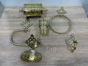 Bathroom accessories set, Brass Bathroom Accessories including brass bathroom shelf, brass soap dish, brass towel ring, and Wall toothbrush
